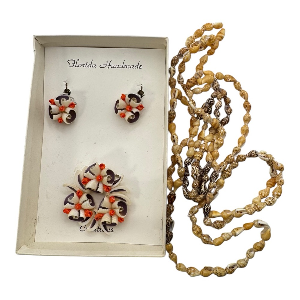 Florida Handmade Seashell Jewelry Set Earrings Brooch Boxed &‎ Seashell Necklace